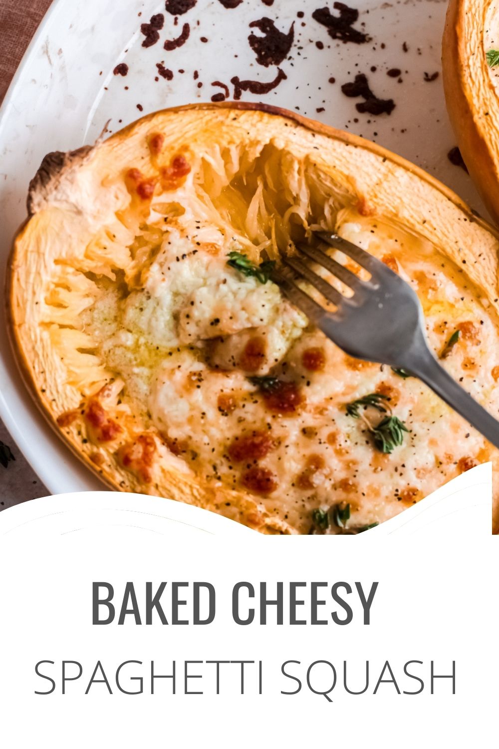 Baked Cheesy Spaghetti Squash Recipe with logo.
