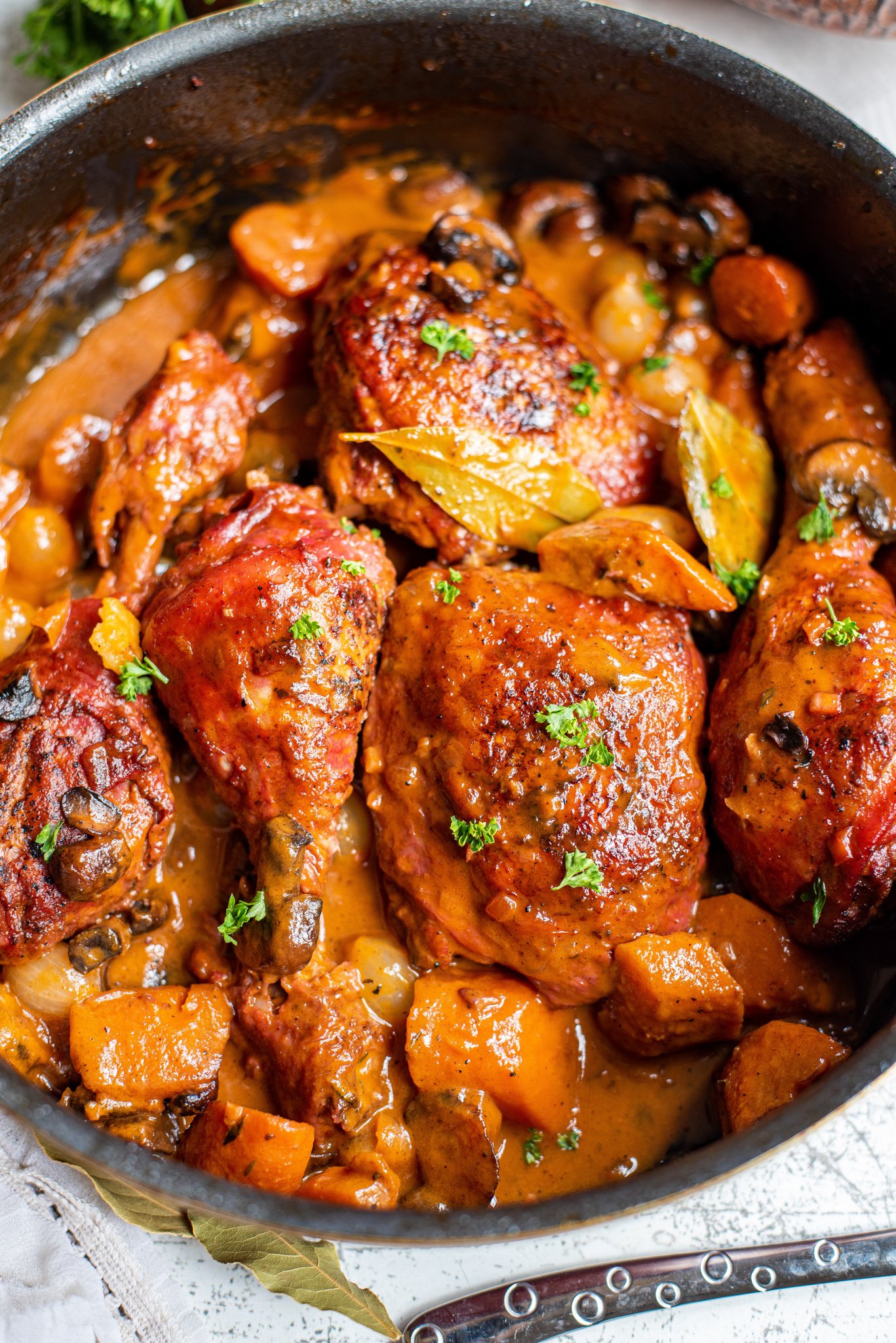Coq au Vin Recipe in a pot.