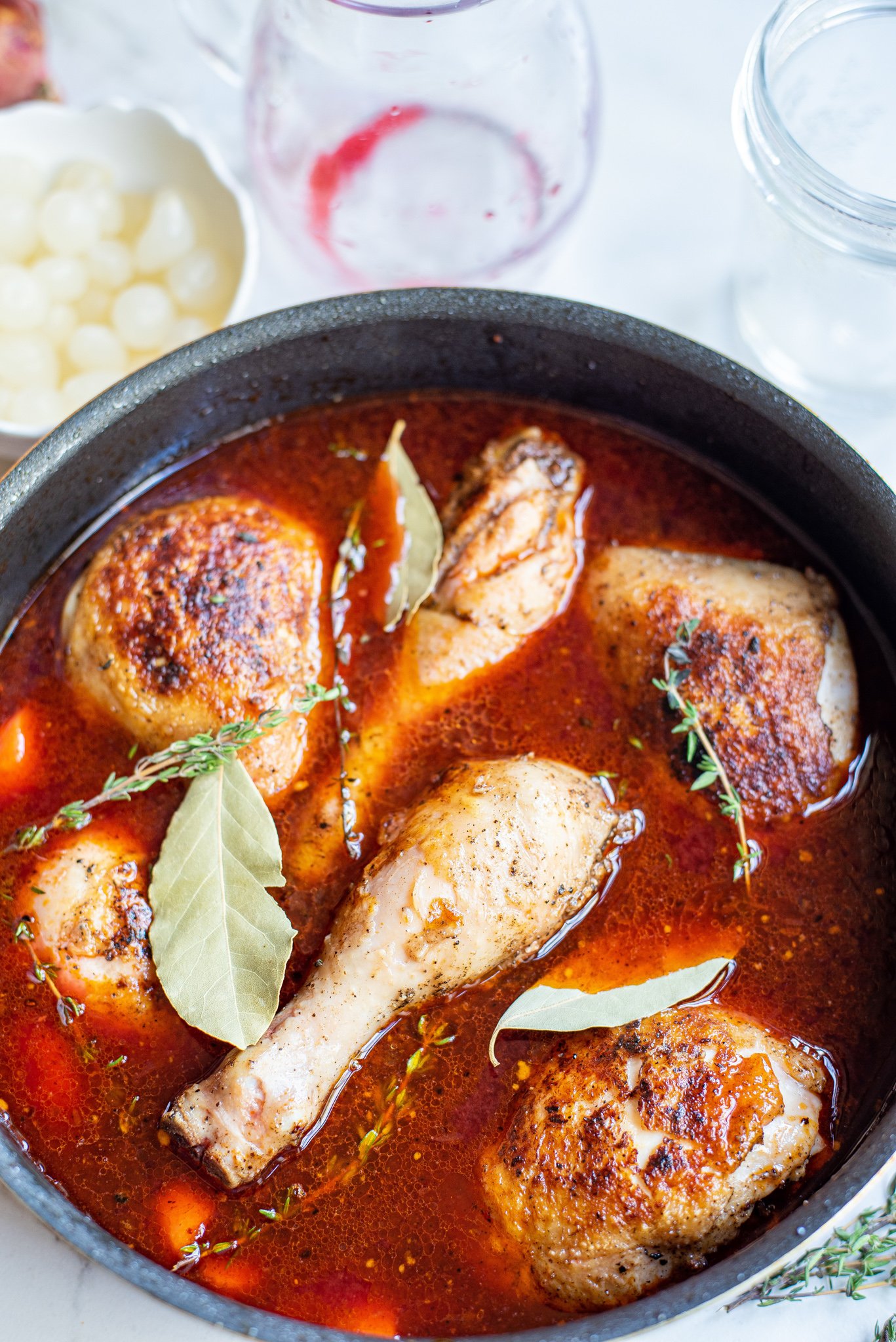 Coq au Vin Recipe in a sauce. 