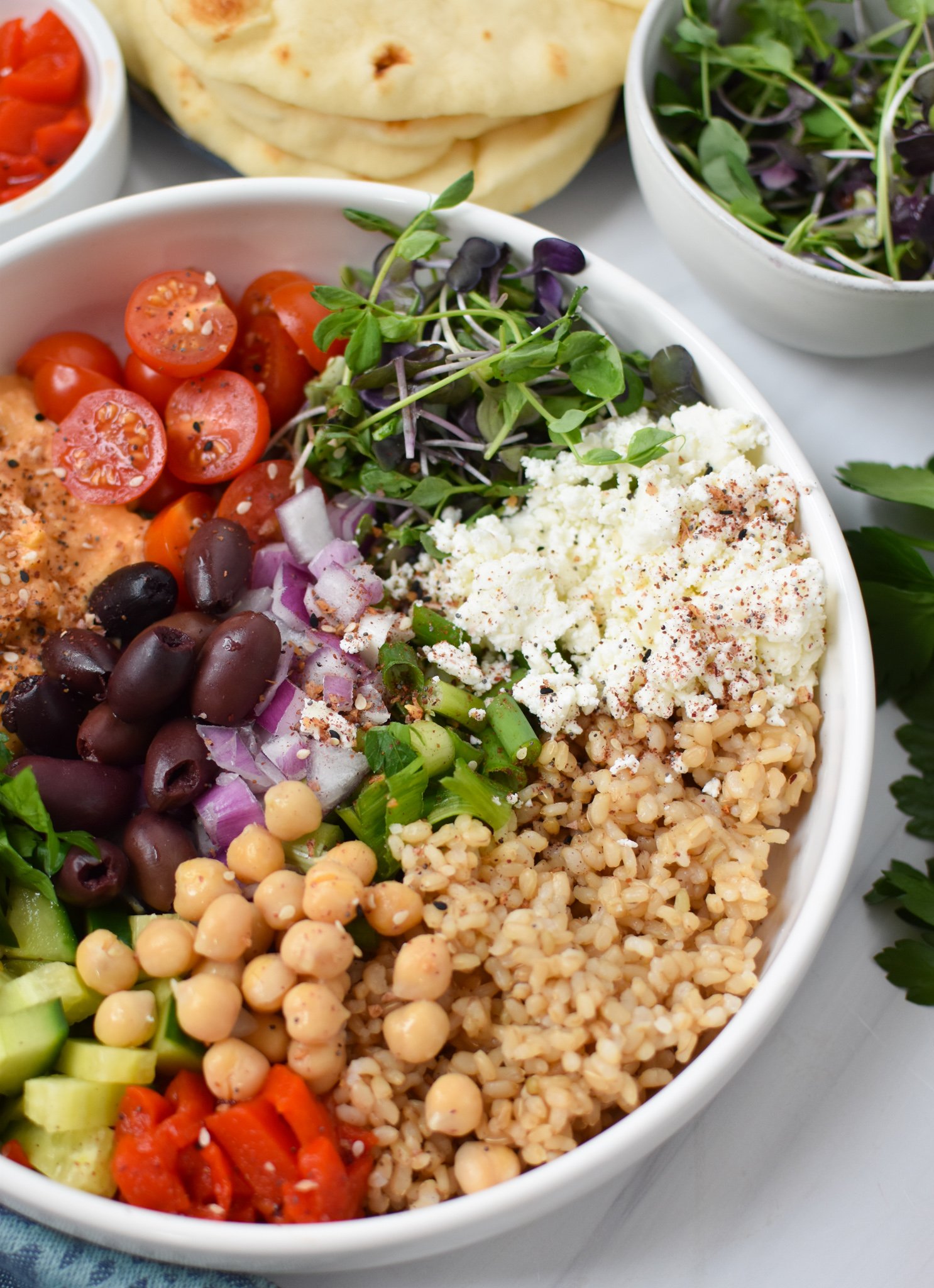 Easy Mediterranean Hummus Bowl with feta cheese. 