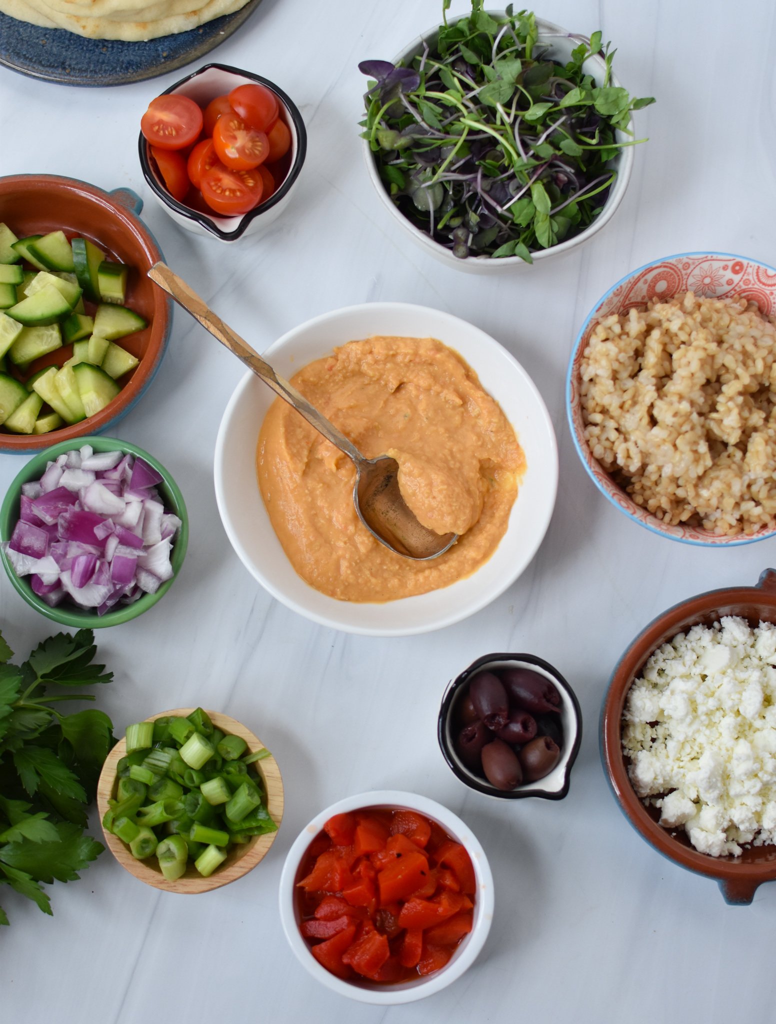 Easy Mediterranean Hummus Bowl ingredients. 