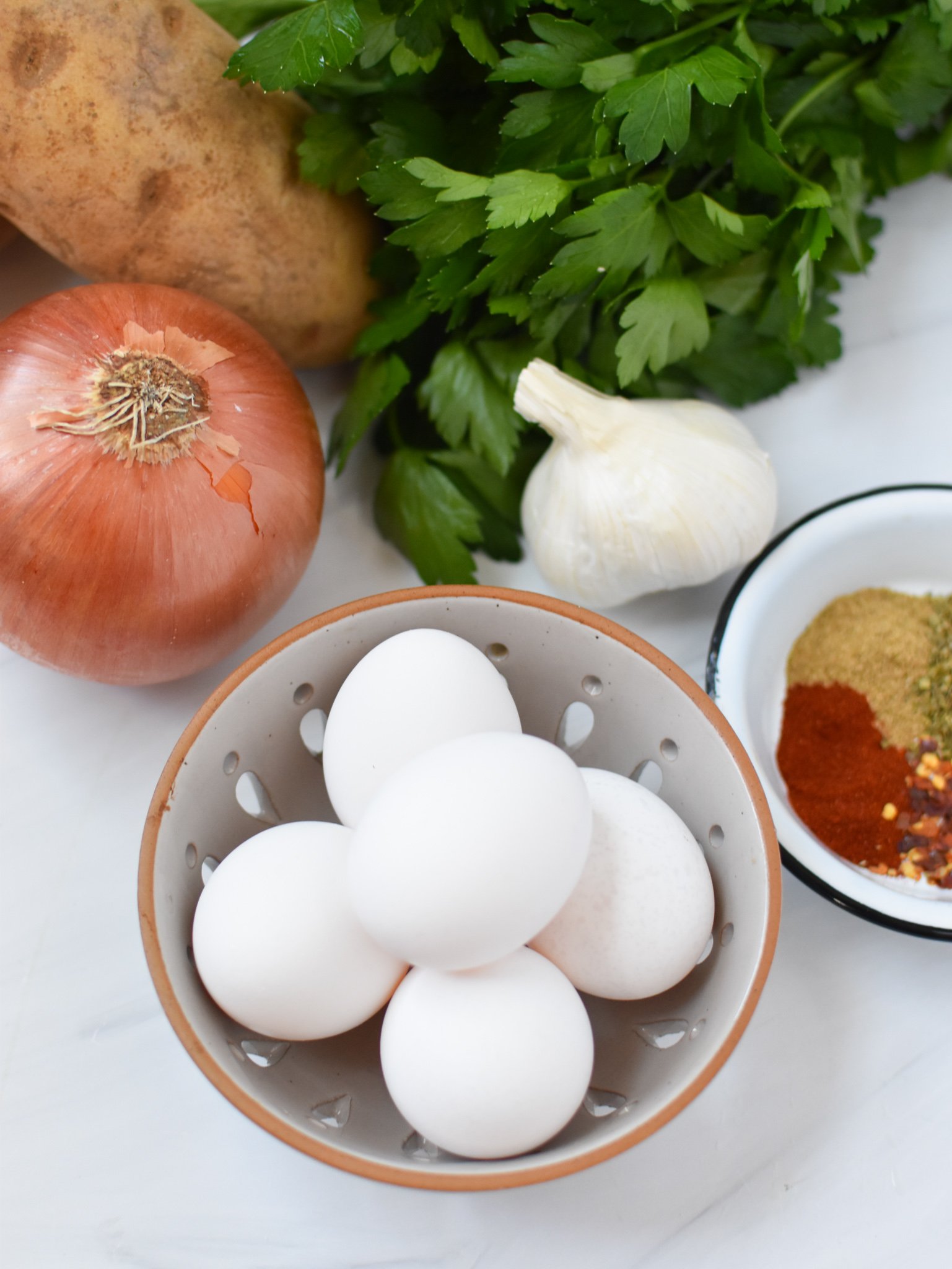 Lebanese Potato and Egg Recipe ingredients.