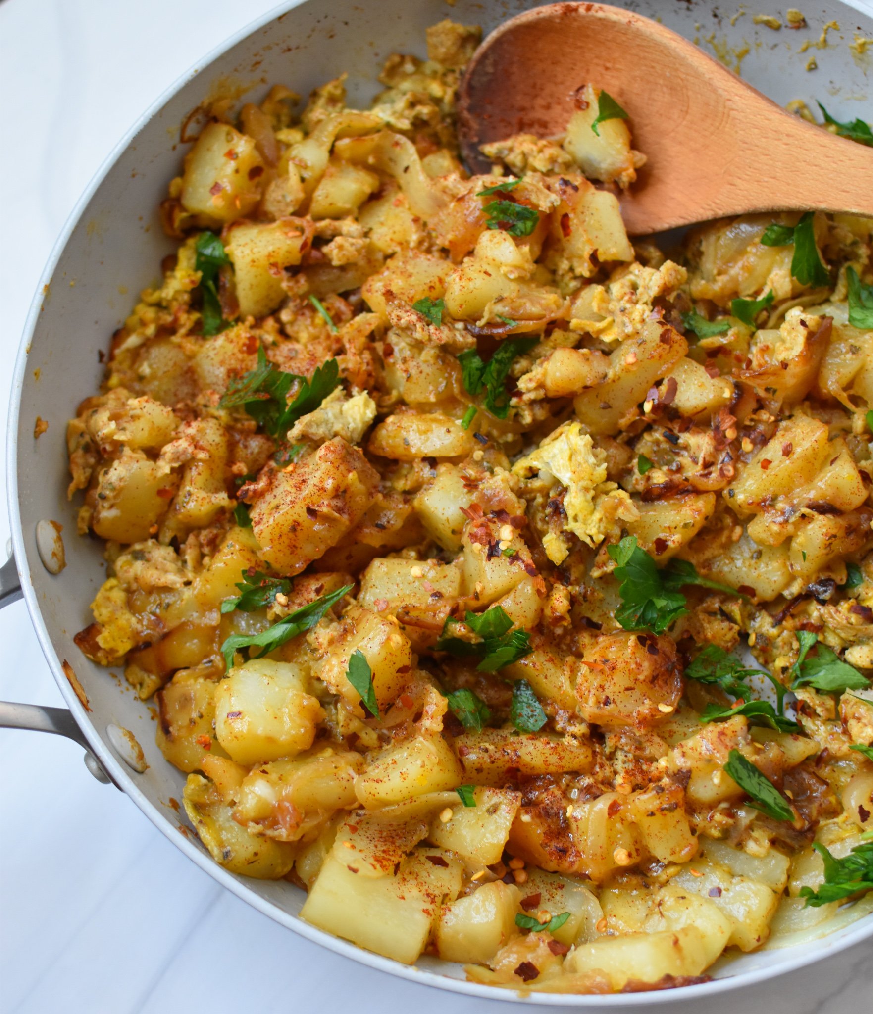 Lebanese Potato and Egg Recipe in a pan.