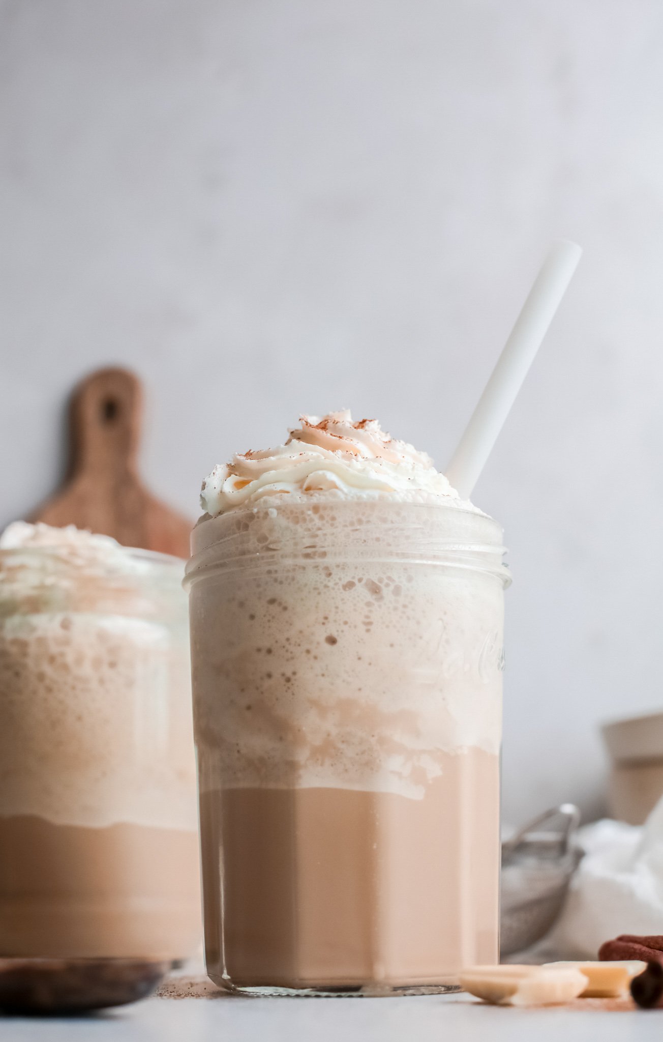 White Chocolate Frappuccino in glass cup. 