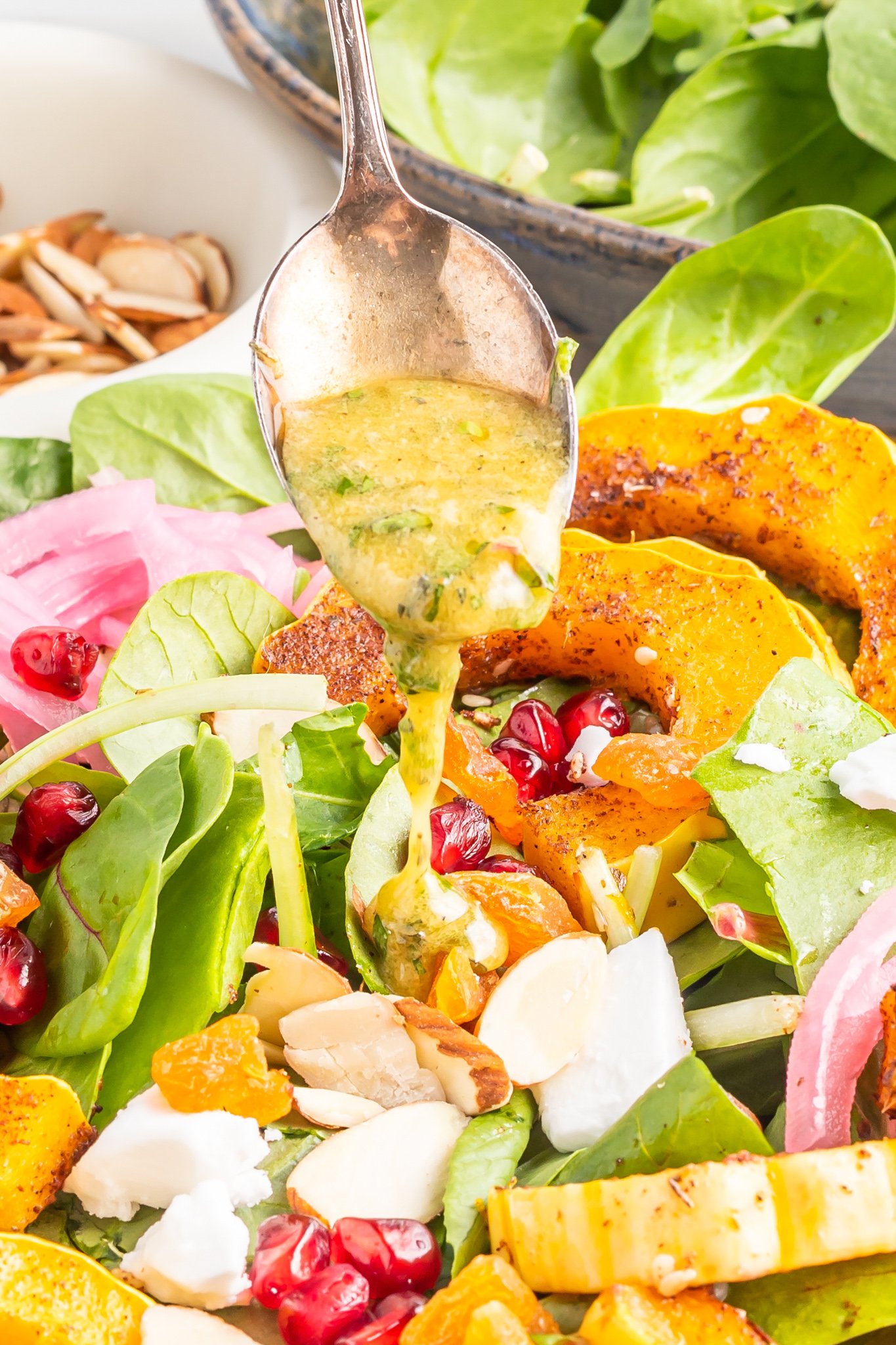 Za'atar Roasted Delicata Squash dressing drizzled on salads.