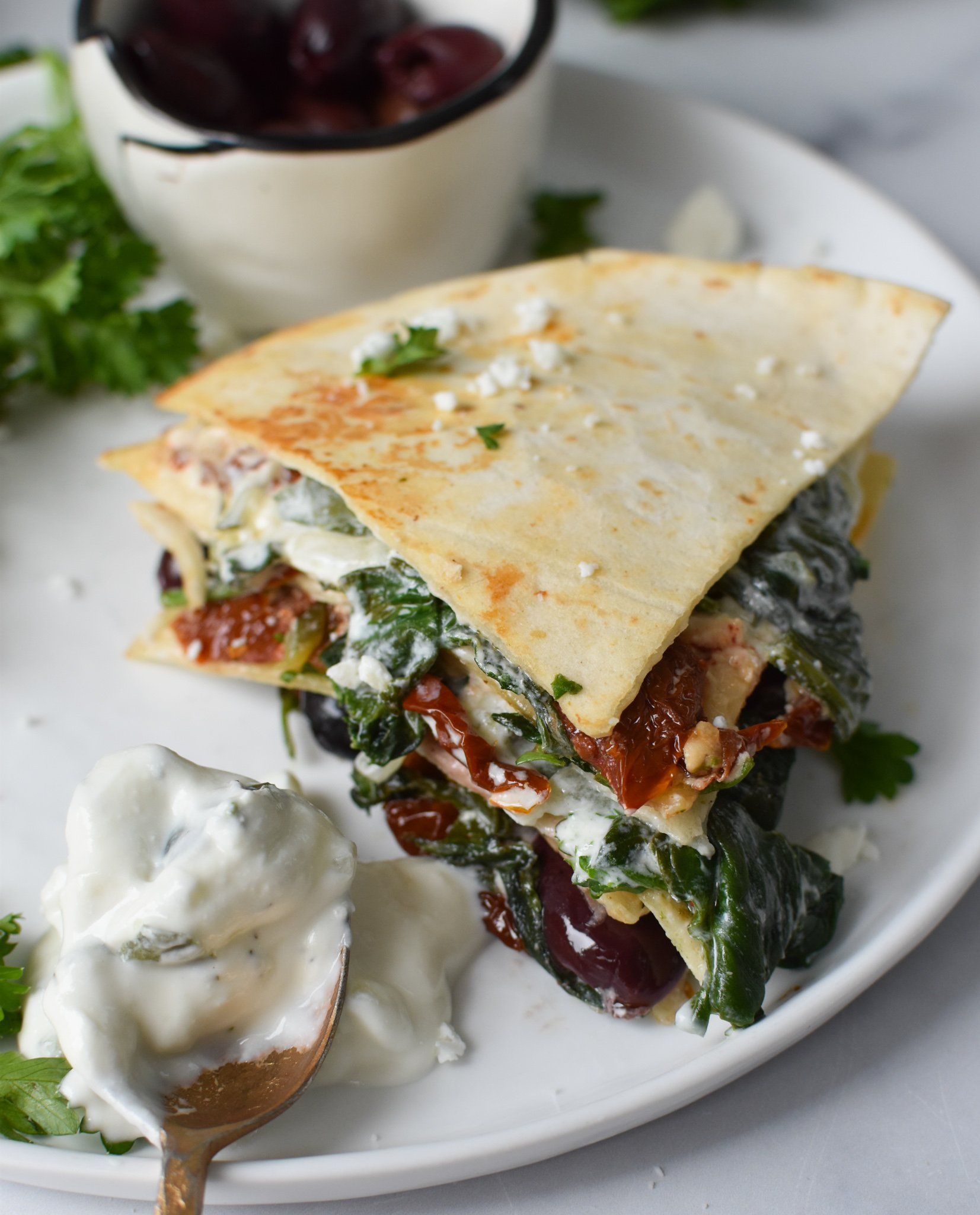 Easy Vegetarian Quesadilla Recipe with tzatziki sauce.
