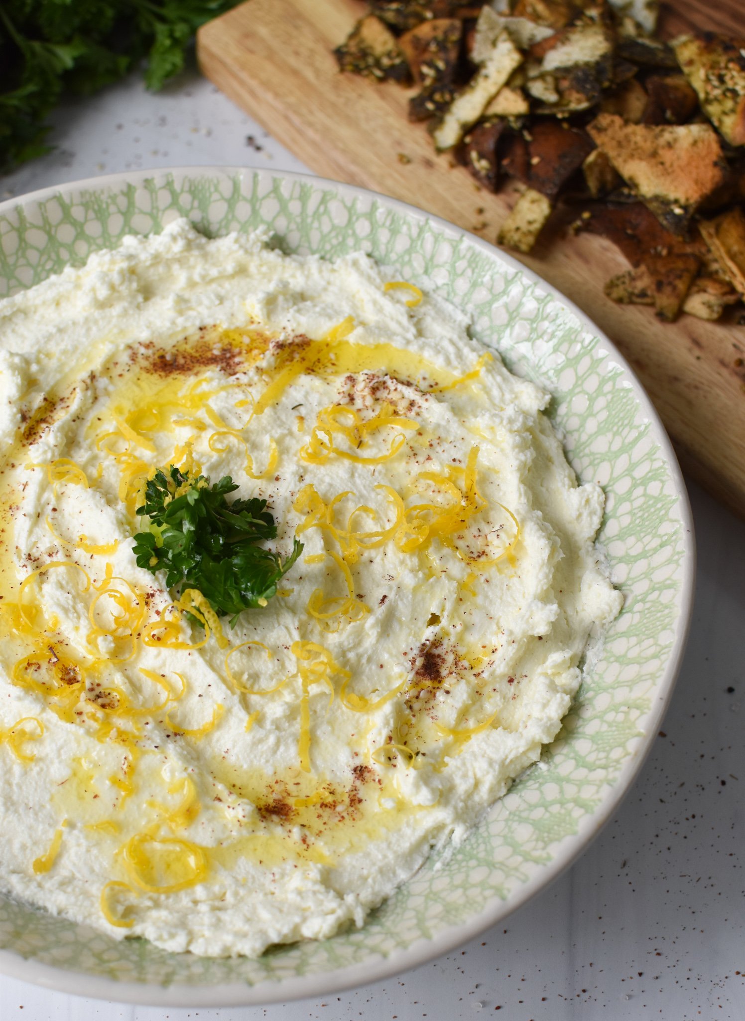 Lemon Whipped Feta Dip with parsley. 