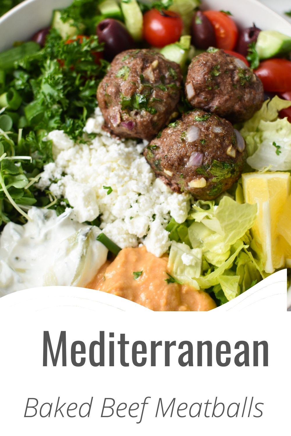 Mediterranean Baked Beef Meatballs with logo.