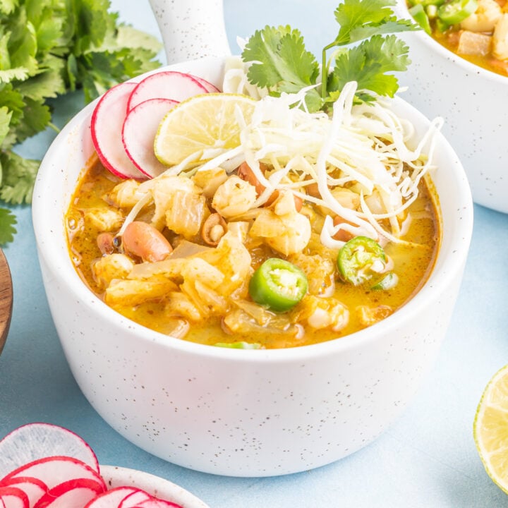 Vegan Pinto Bean Soup in a white bowl.