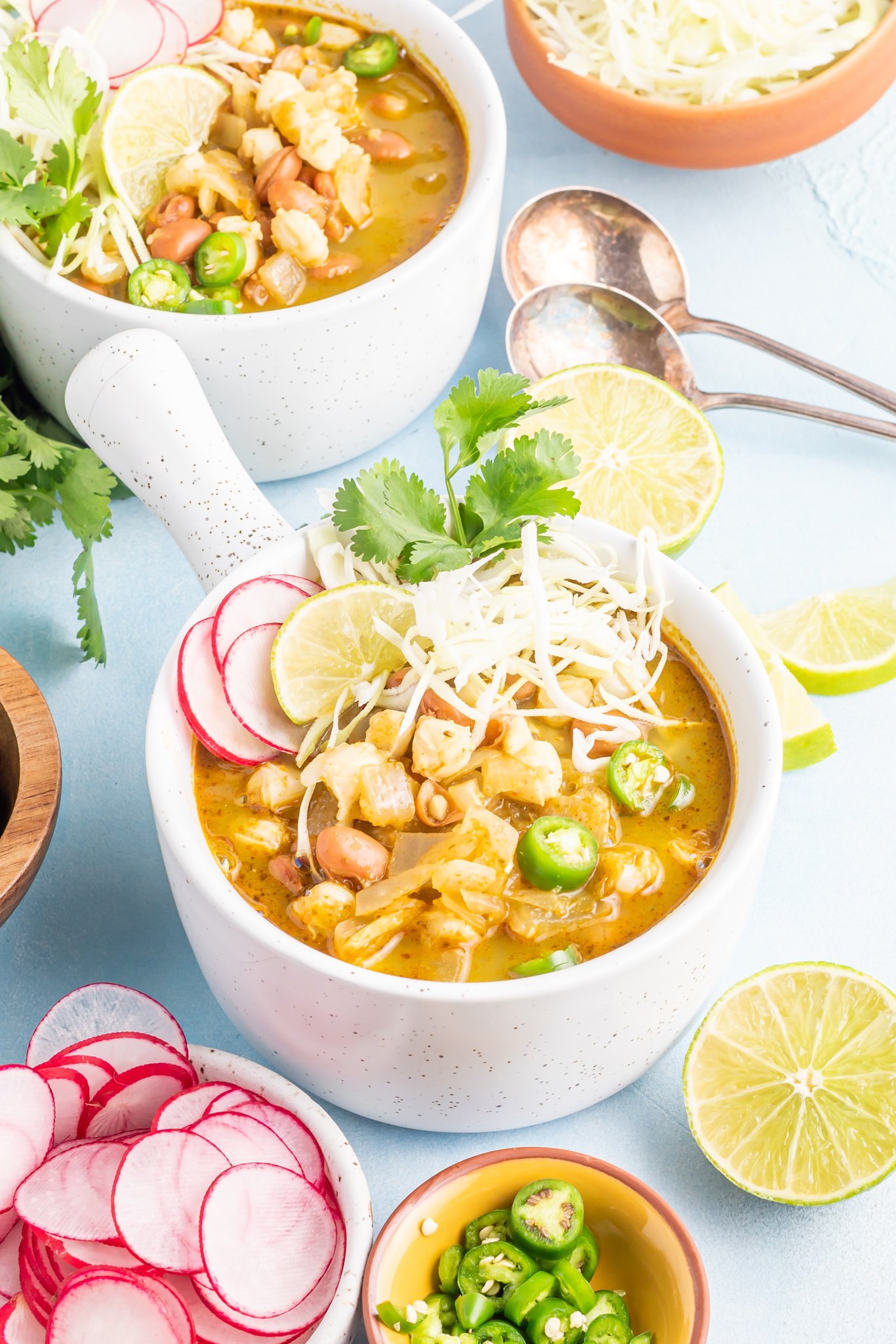Vegan Pinto Bean Soup with radishes. 