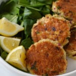 Mediterranean Tuna Patties Recipe in a white bowl.