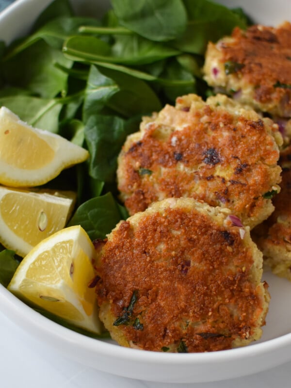 Mediterranean Tuna Patties Recipe in a white bowl.