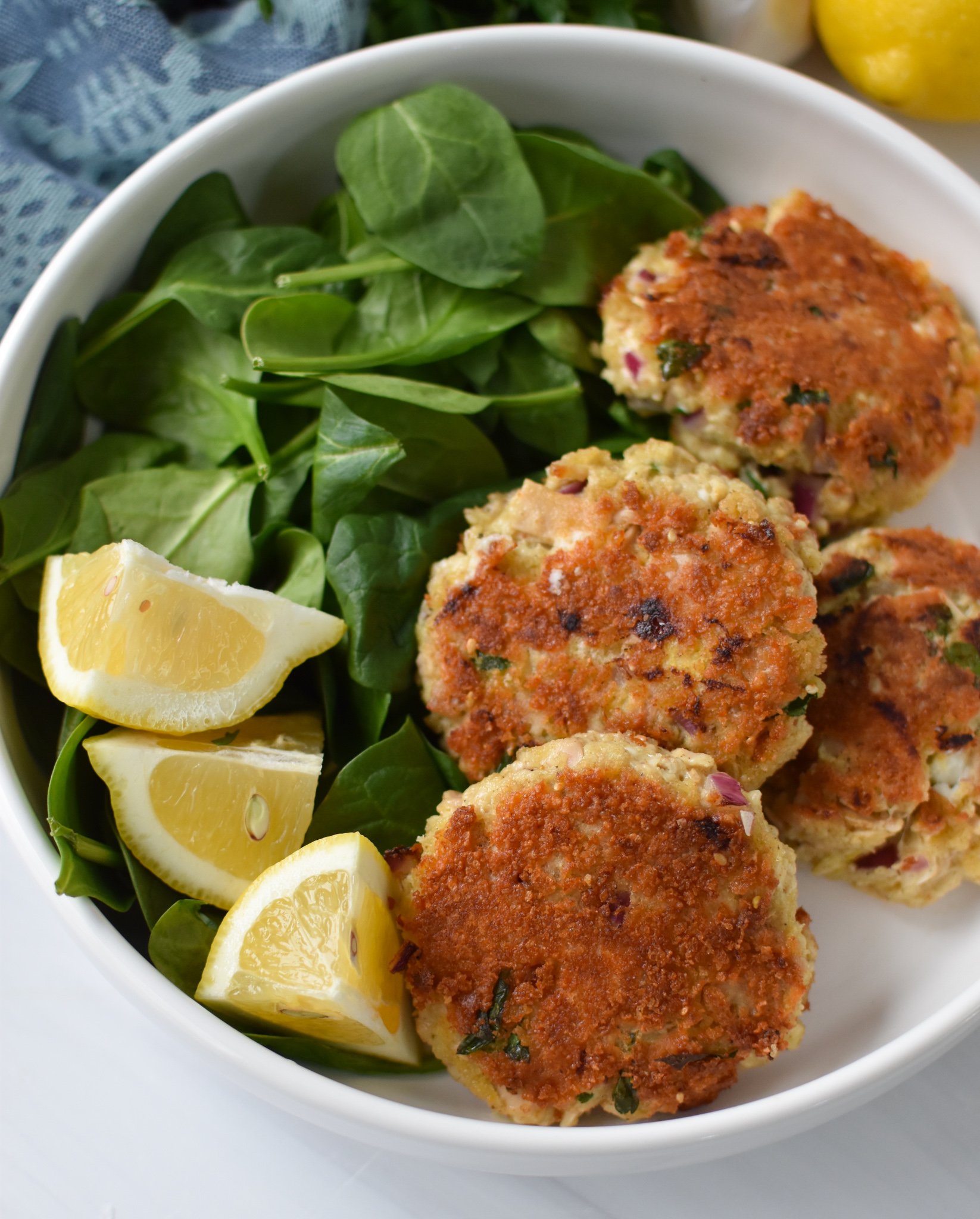 Mediterranean Tuna Patties Recipe in a white bowl.