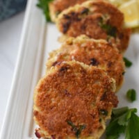 Mediterranean Tuna Patties Recipe on a white plate.