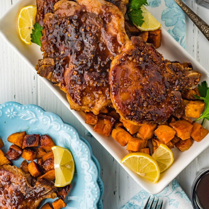 Maple Bourbon Pork Chops Recipe on a platter.