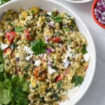 Mediterranean Egg Scramble in a white bowl.