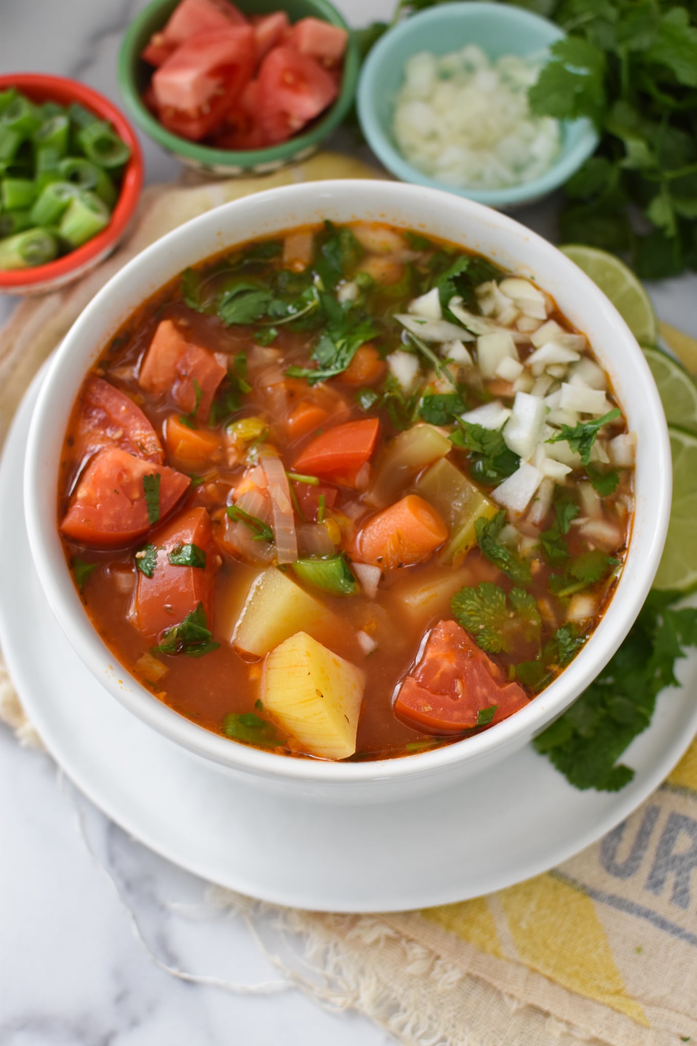 Chicken Potato Soup Recipe in a white bowl.