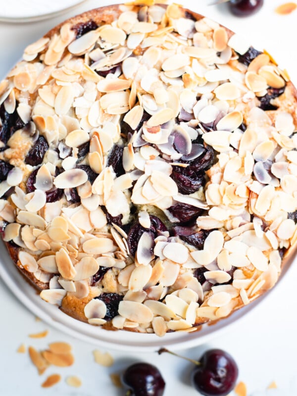 Cherry Almond Cake on a white plate.