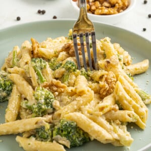 Creamy Broccoli Pasta Recipe with a fork.