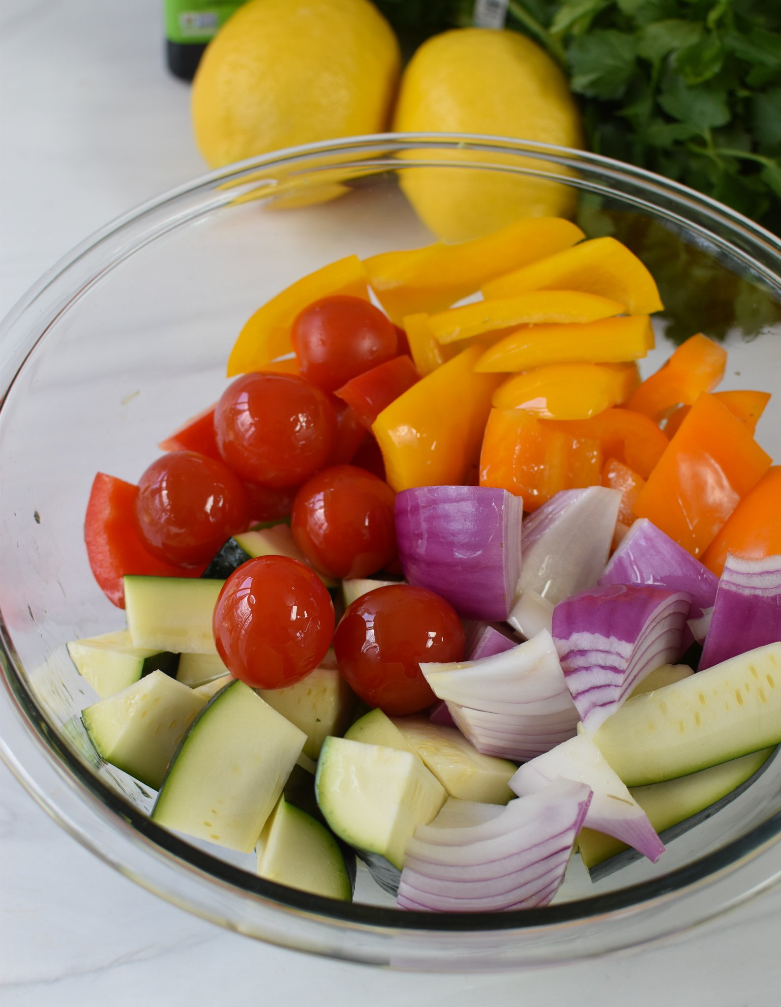 Falafel Vegetable Kabobs vegetables in a bowl. 
