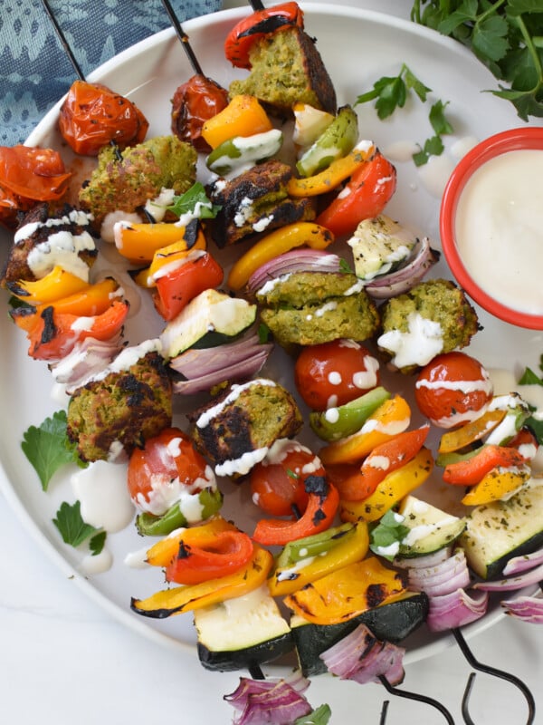 Falafel Vegetable Kabobs on a white plate.