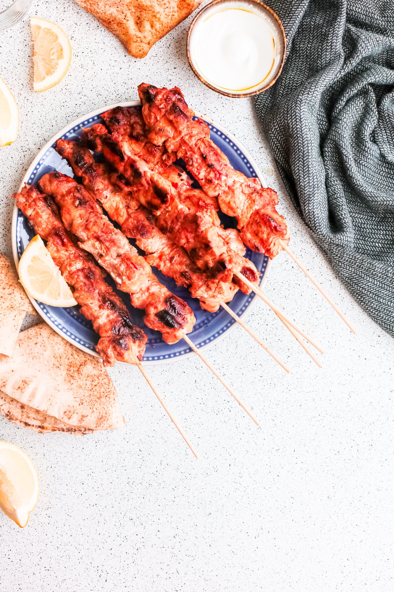 Lebanese Chicken Kebabs with pita bread.