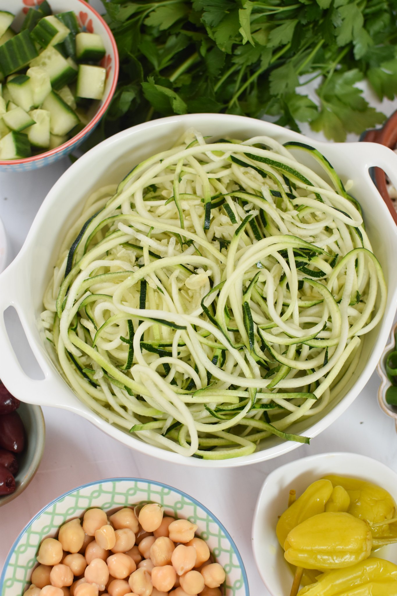 Mediterranean Zucchini Pasta Salad zucchini noodles.