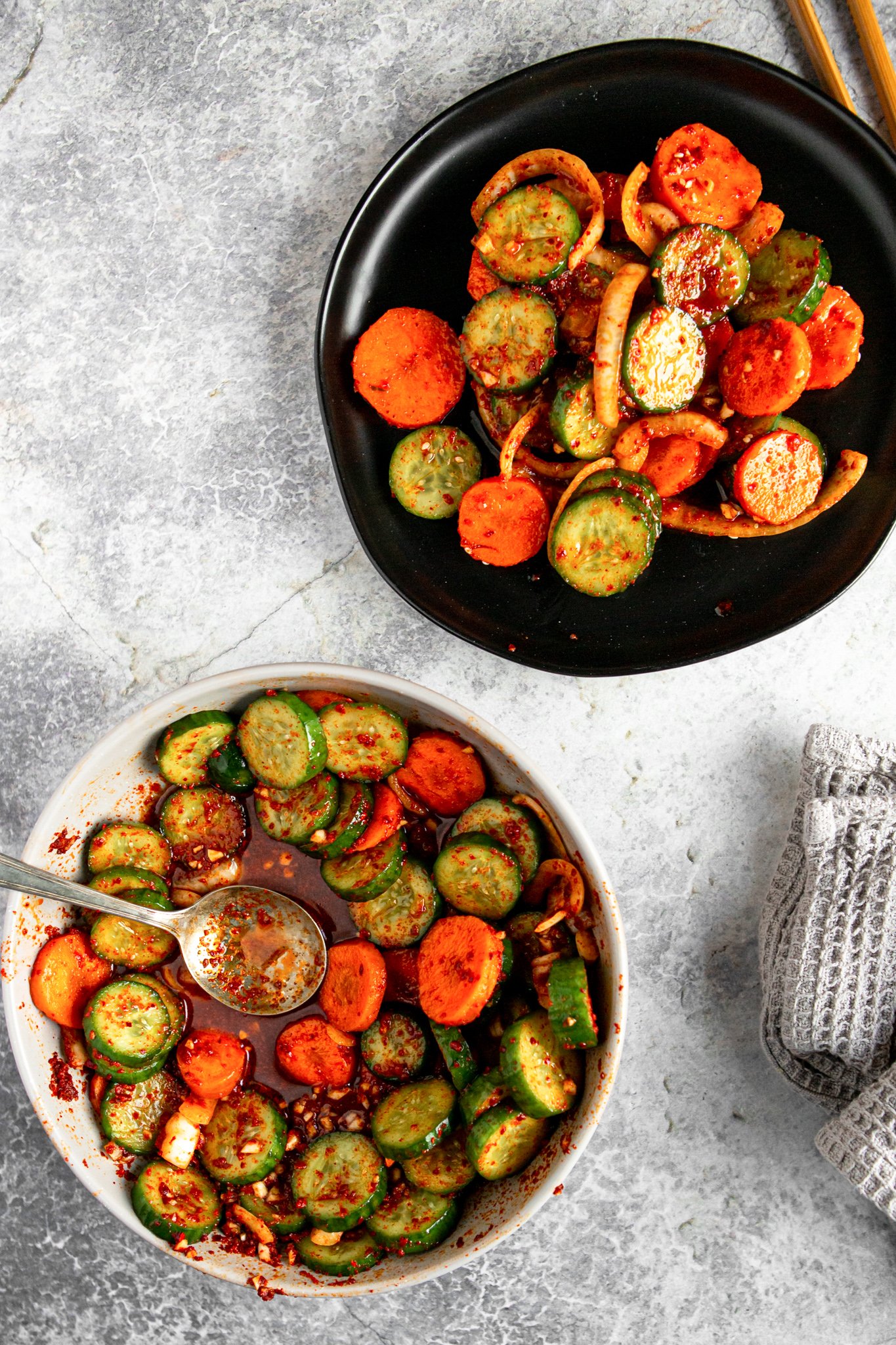 Quick Korean Cucumber Kimchi in a white bowl.