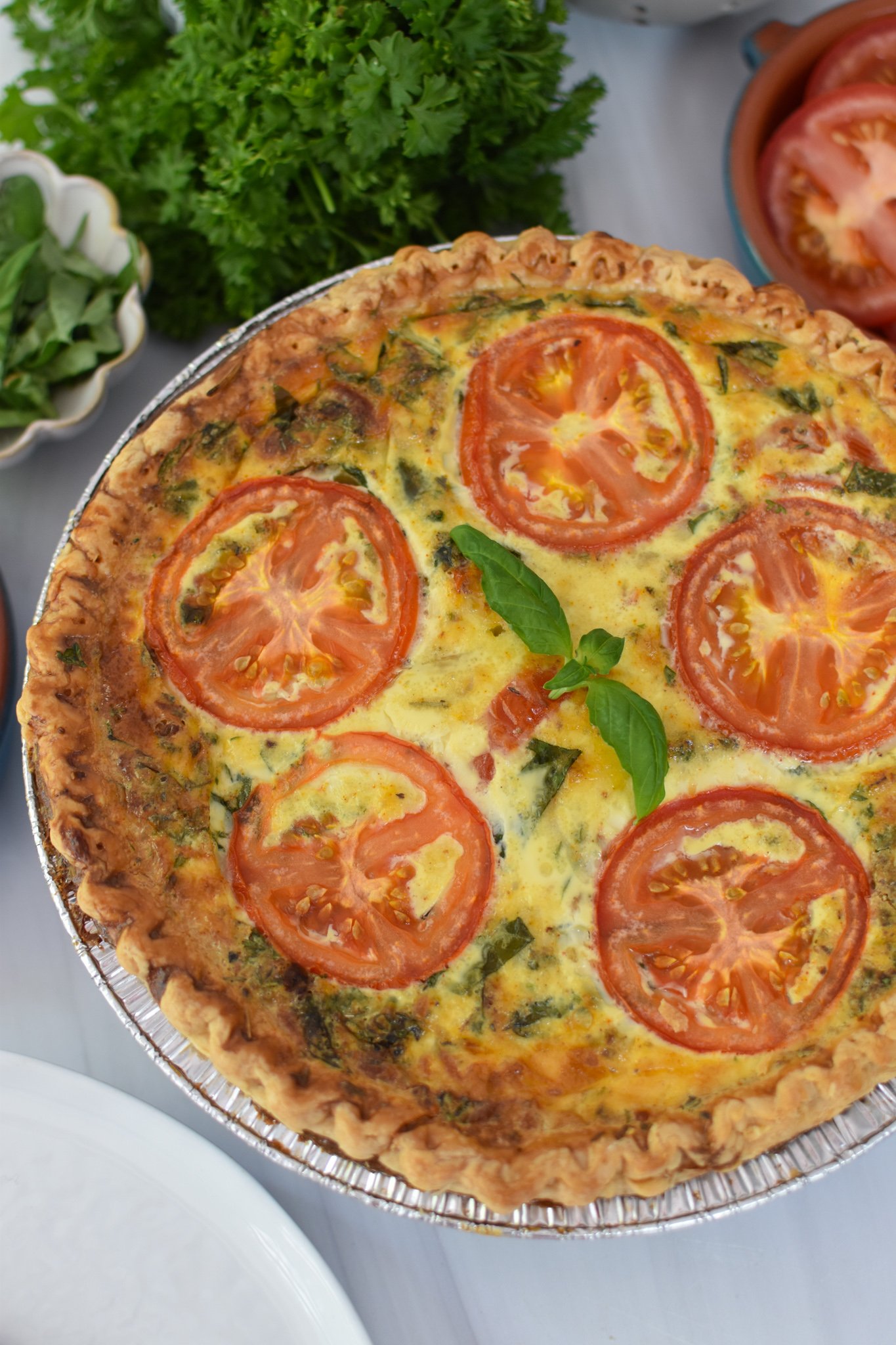 Caprese Quiche Lorraine Recipe basil on quiche.