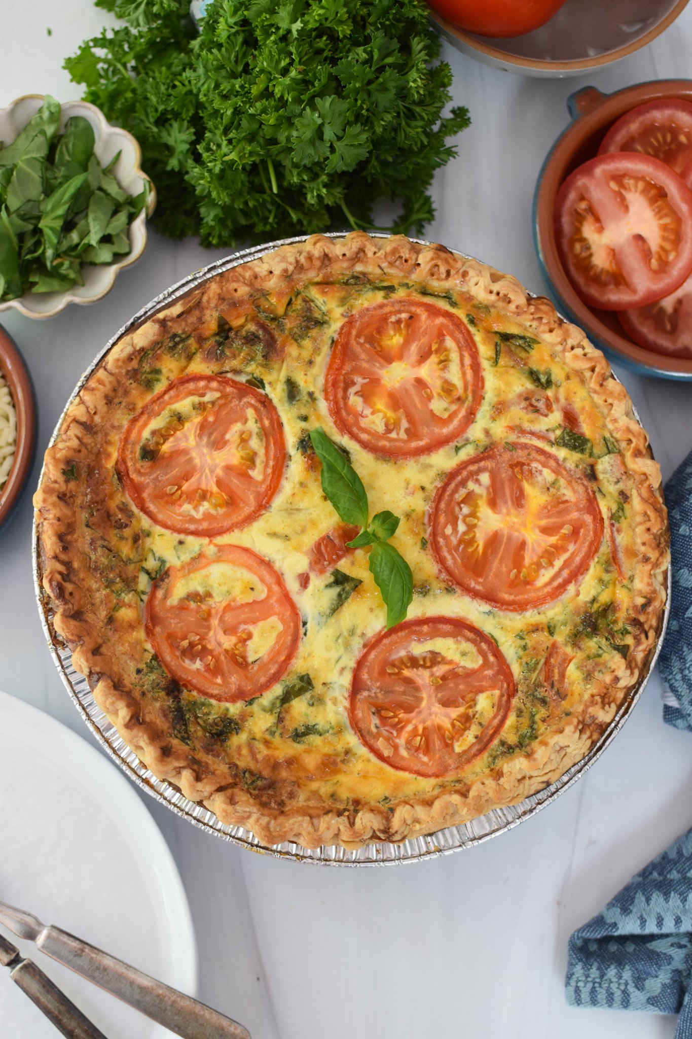 Caprese Quiche Lorraine Recipe with basil.