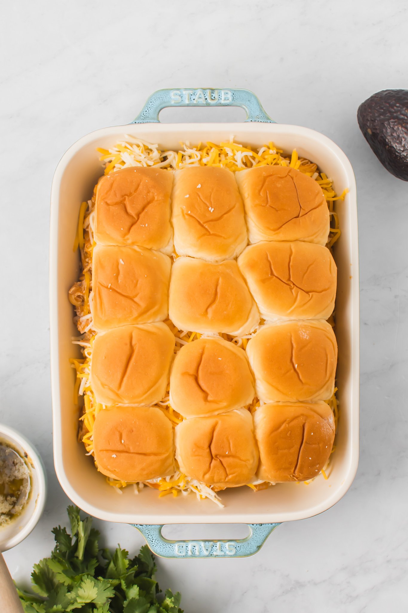 Chicken Enchilada Sliders pan of sliders.