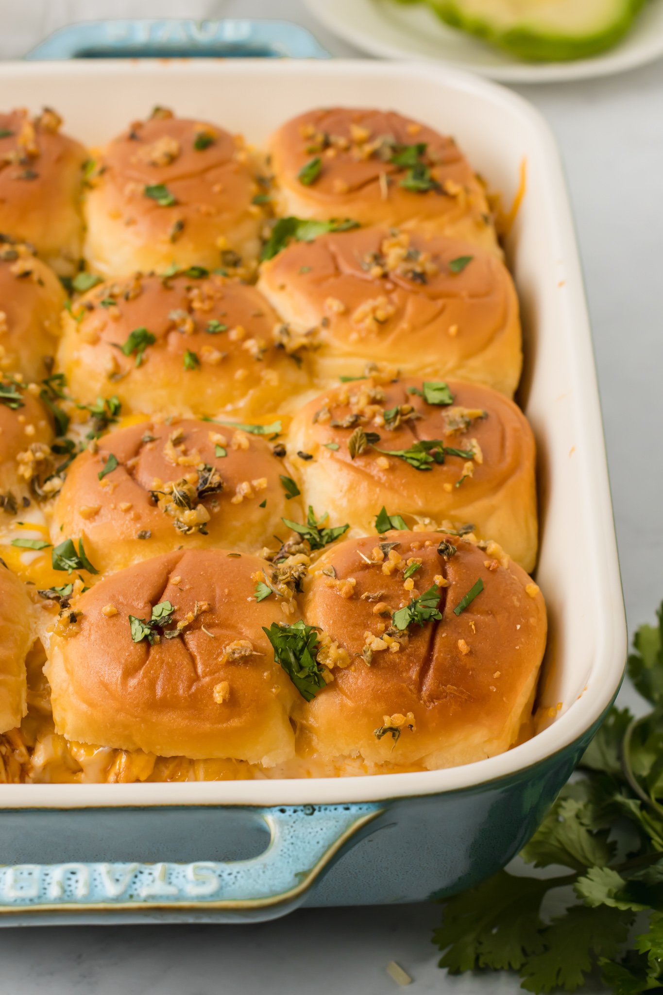 Chicken Enchilada Sliders in a pan. 