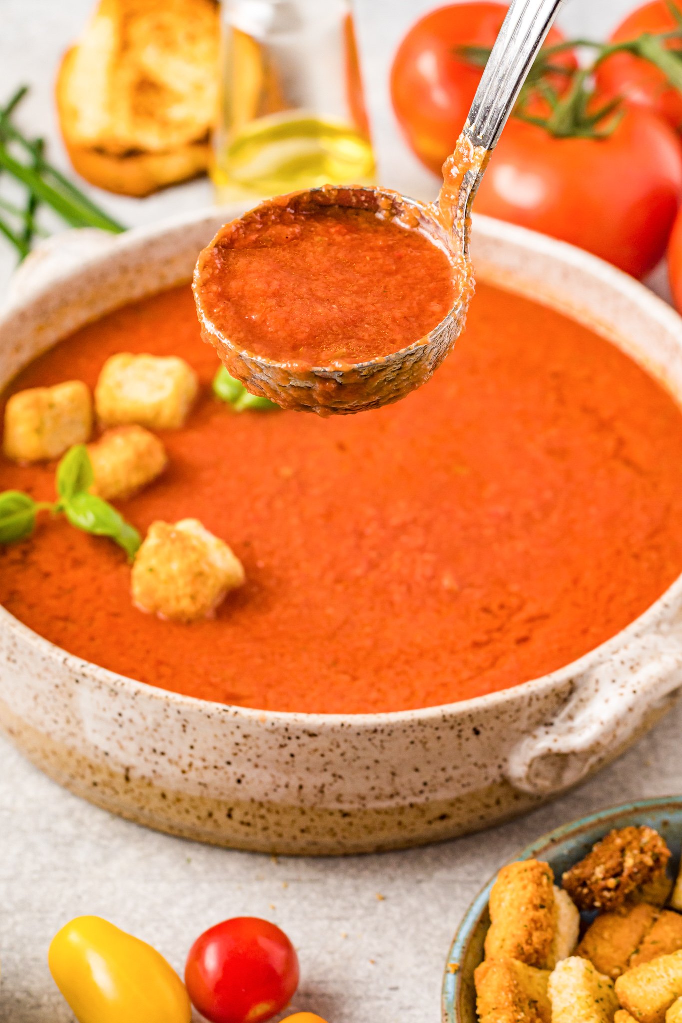 Easy Gazpacho Recipe with ladle in bowl. 