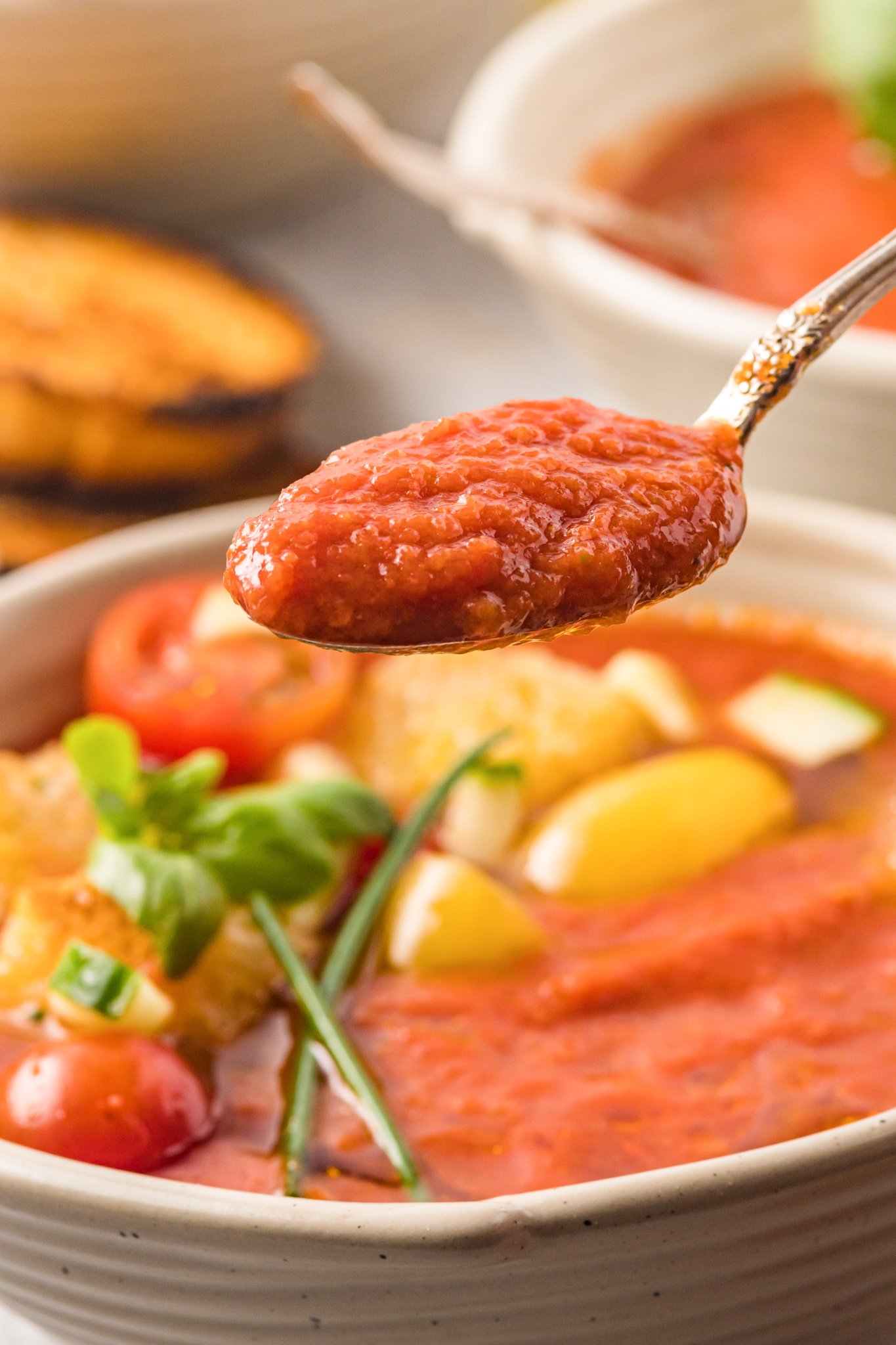 Easy Gazpacho Recipe with spoon.