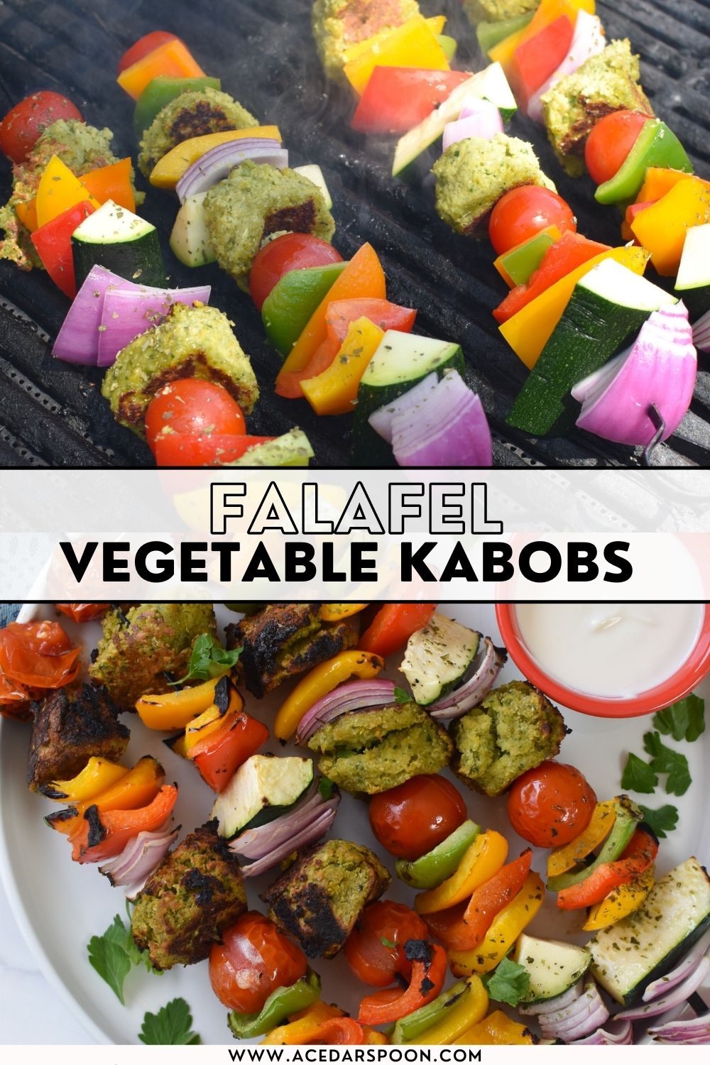 Falafel Vegetable Kabobs with logo.