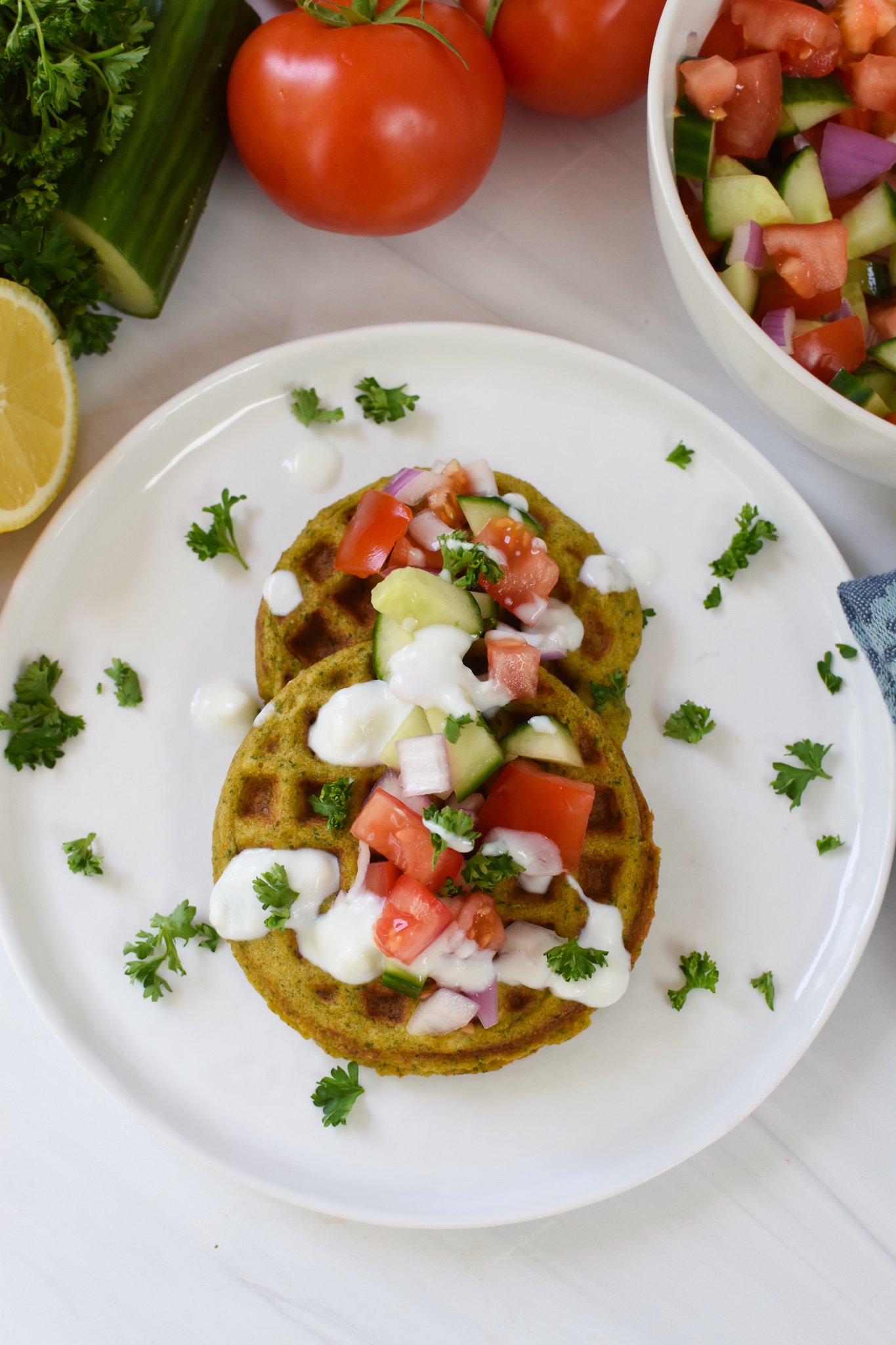 Falafel Waffles on a white plate.