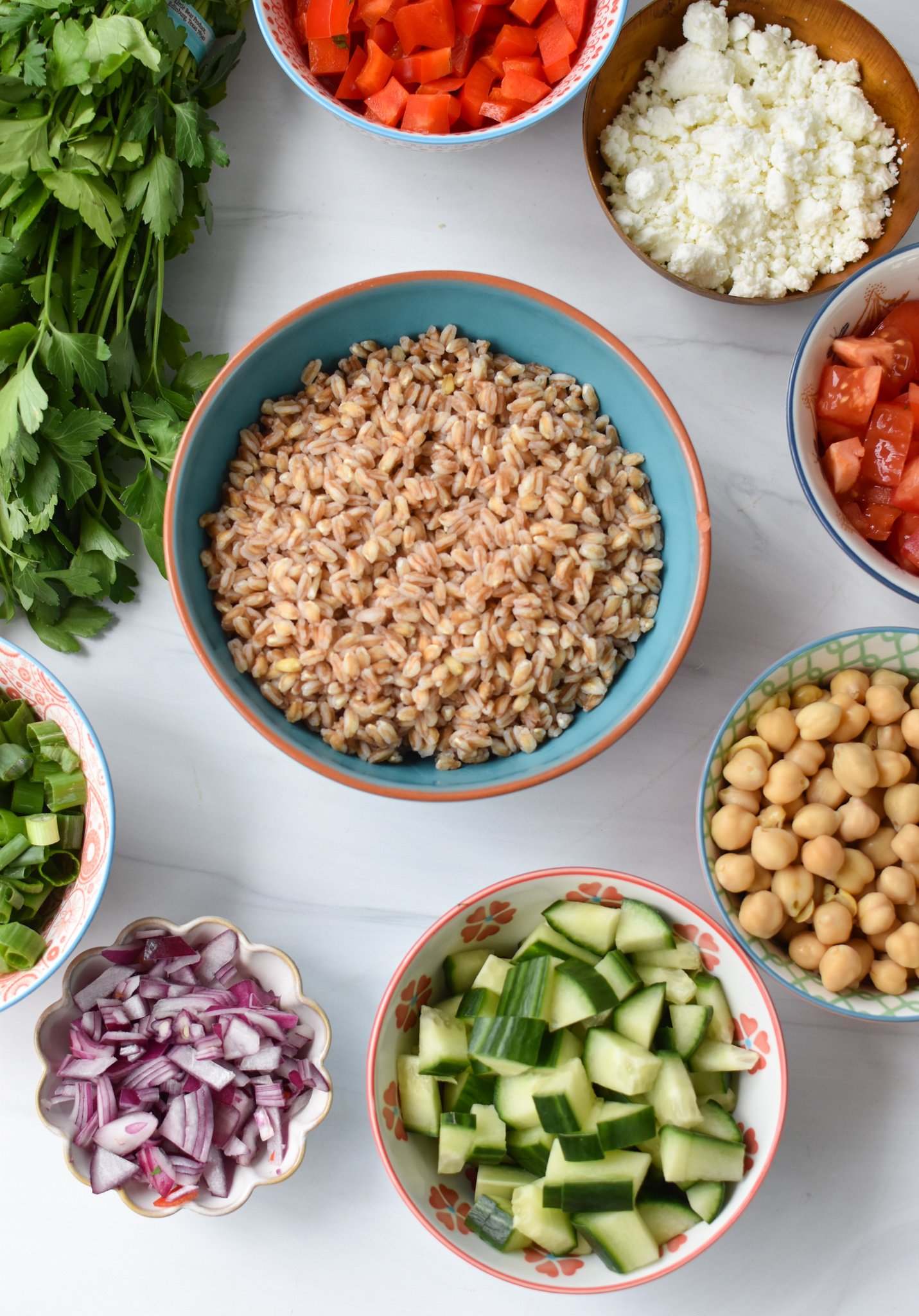 Mediterranean Farro Salad ingredients. 