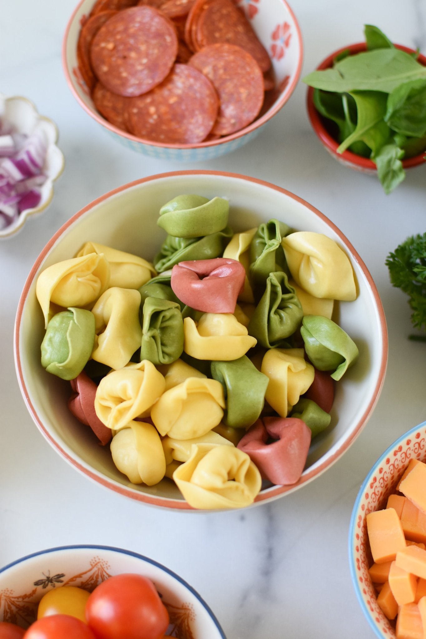 Italian Tortellini Salad tortellini in a small bow.l.