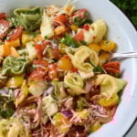 Italian Tortellini Salad in a white bowl.