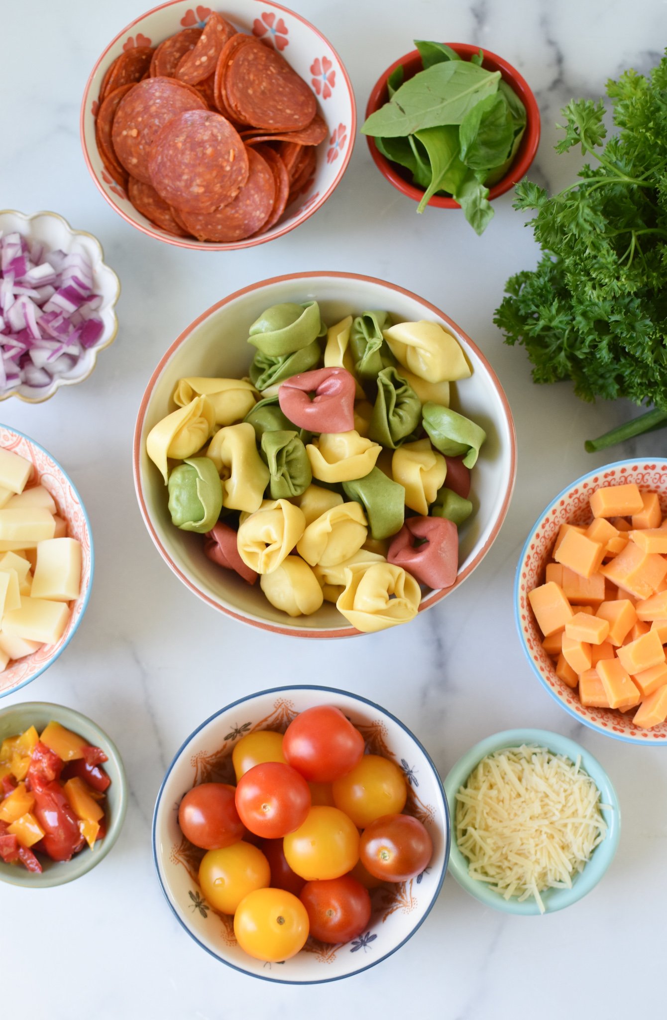 Italian Tortellini Salad ingredients. 