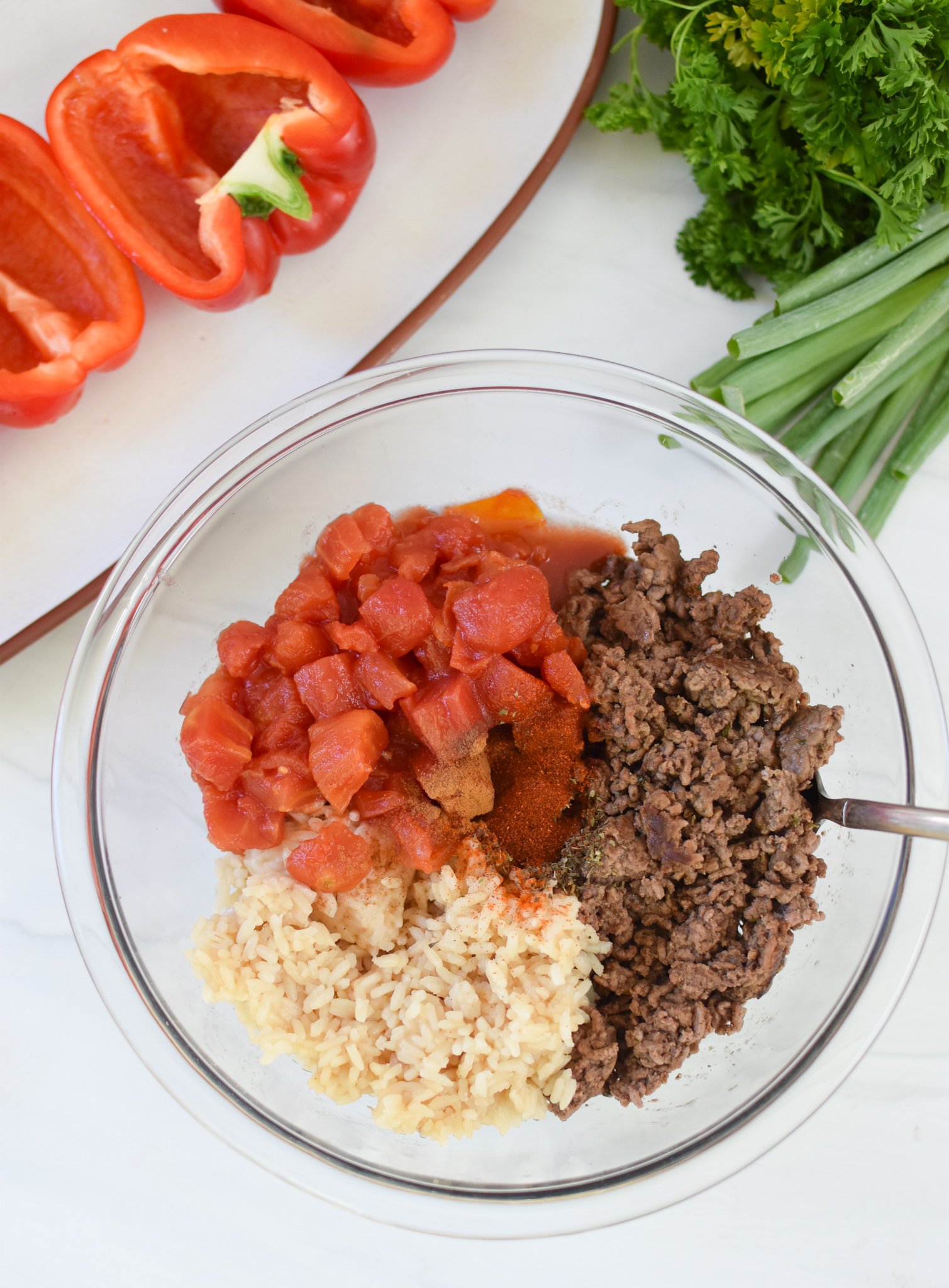 Mediterranean Ground Beef Stuffed Peppers stuffing in a bowl.