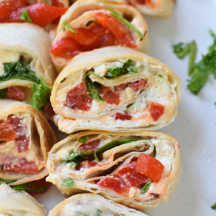 Mediterranean Pinwheels on a white platter.