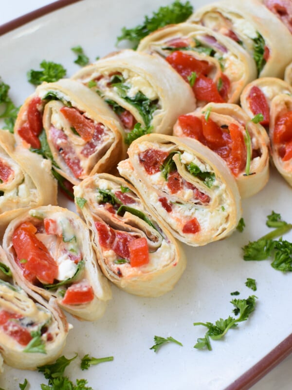 Mediterranean Pinwheels on a white plate.