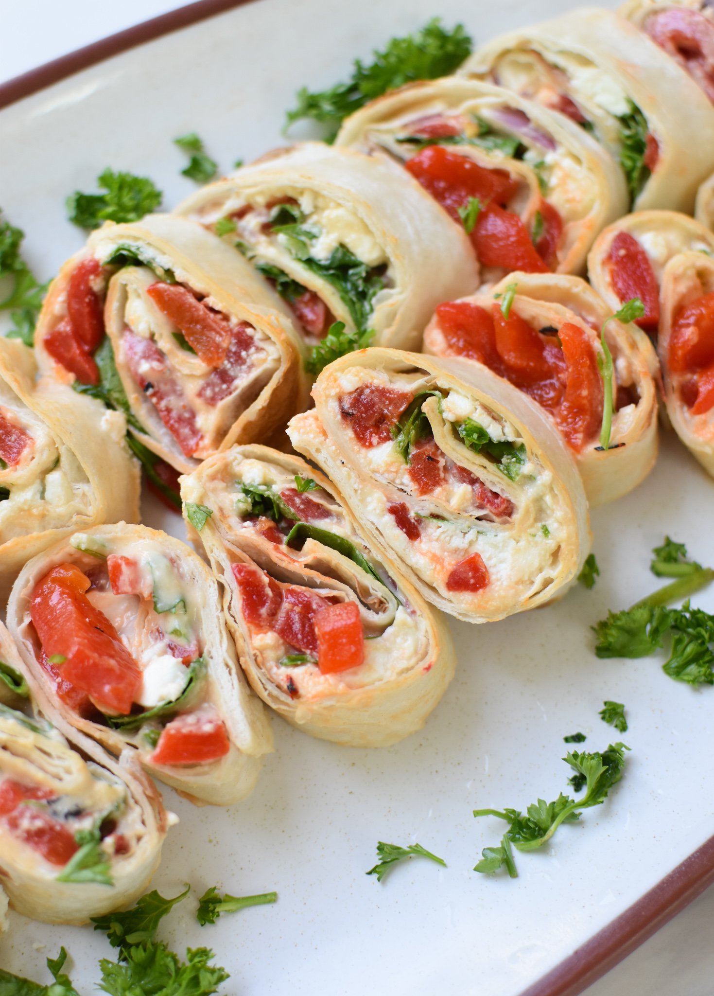 Mediterranean Pinwheels on a white plate. 