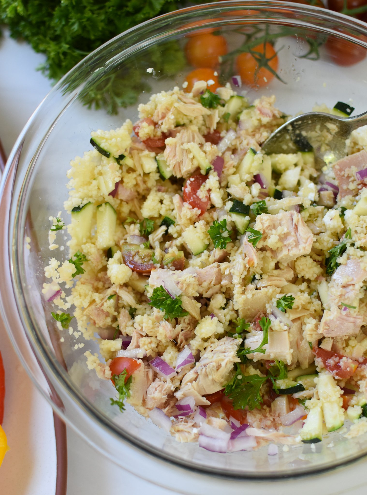 Mediterranean Tuna Couscous Stuffed Peppers tuna stuffing mixed.