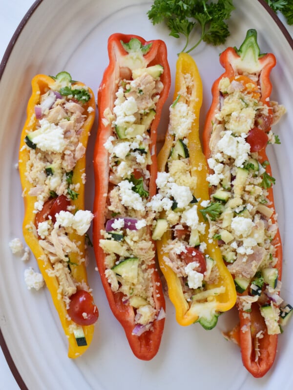 Mediterranean Tuna Couscous Stuffed Peppers with feta cheese.