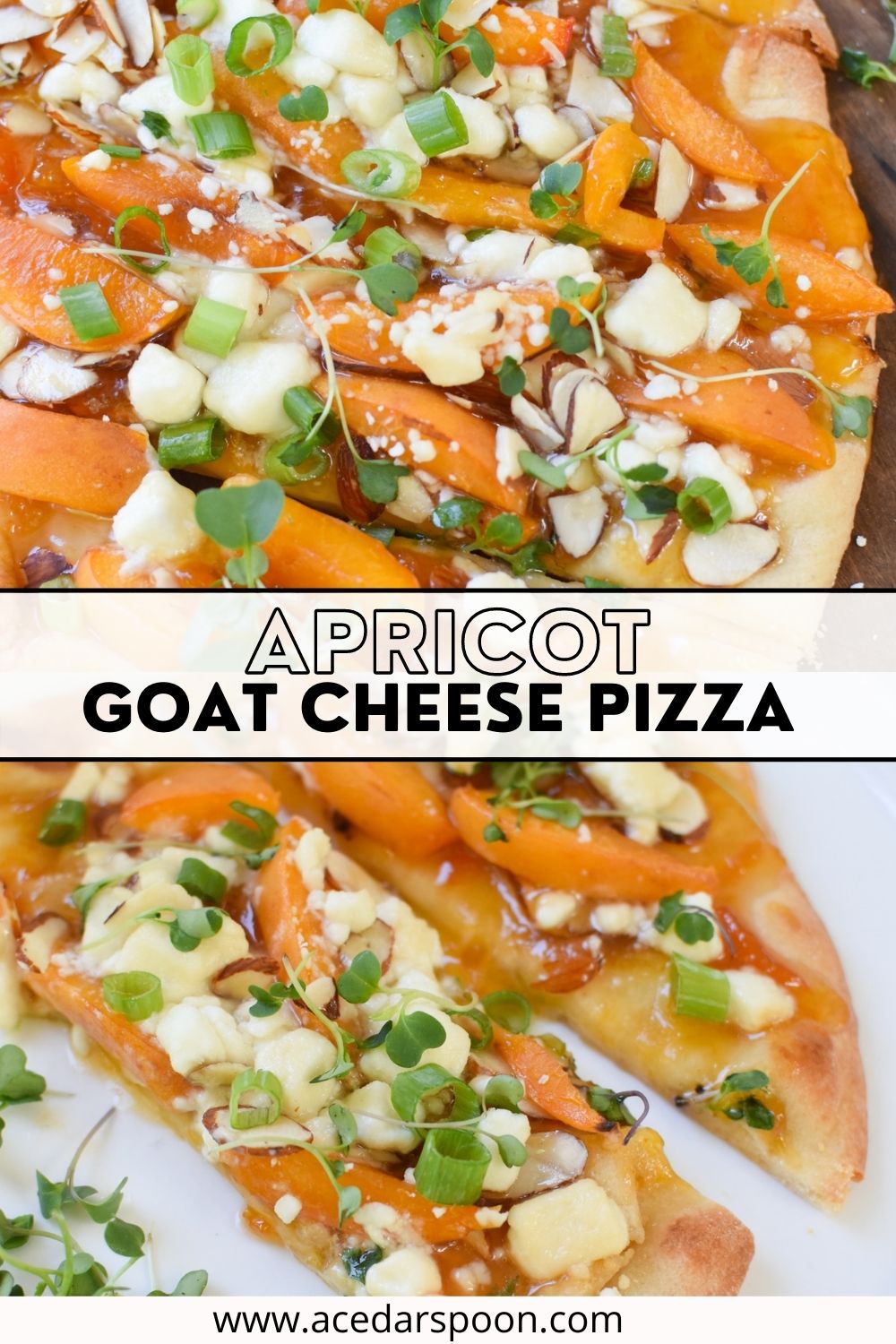 Goat Cheese Apricot Pizza with logo. 