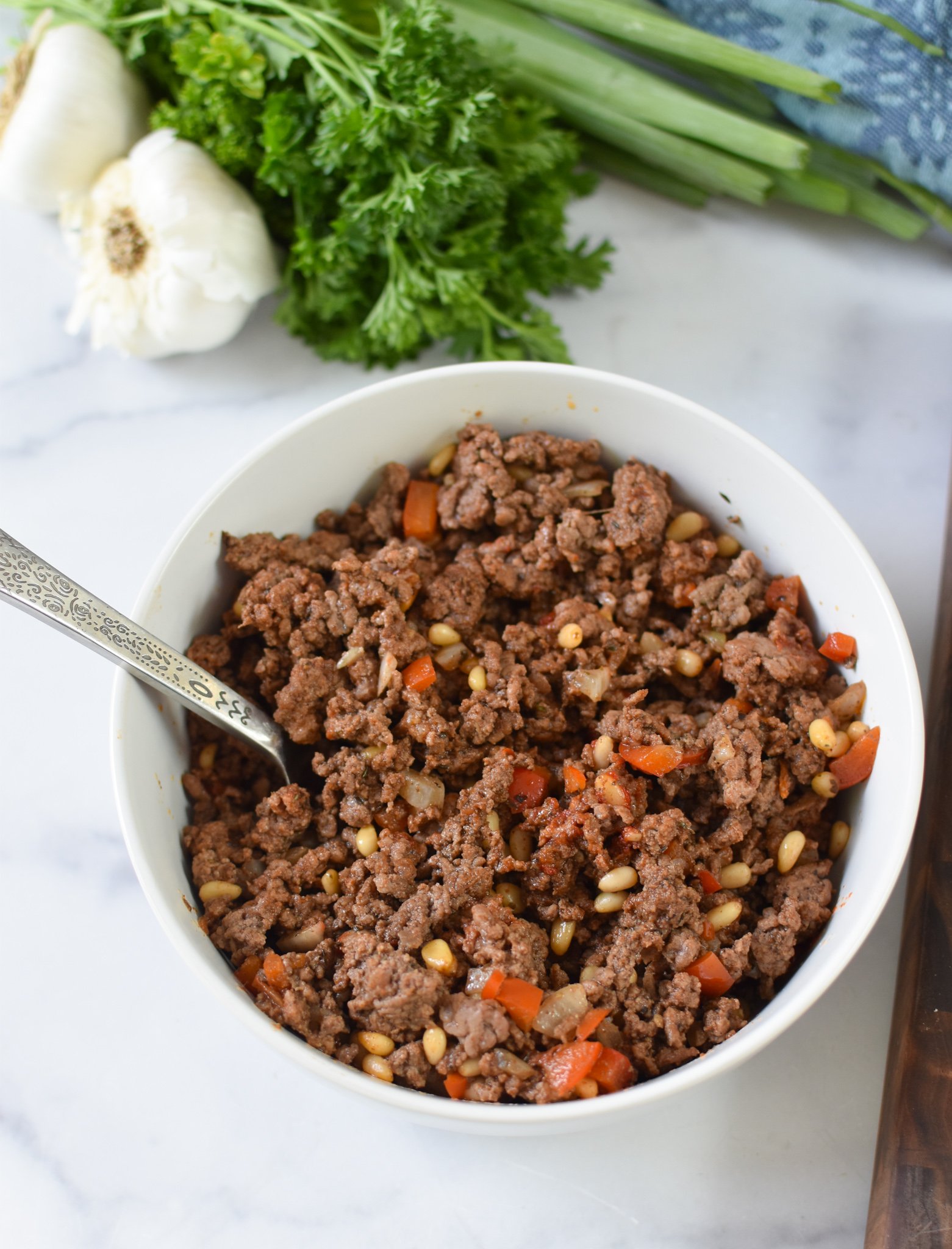 Lebanese Meat Stuffed Pitas beef in a bowl. 