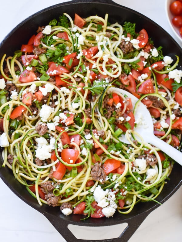 Mediterranean Ground Beef Zucchini Skillet with feta cheese.