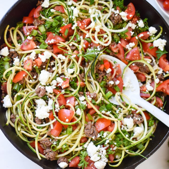 Mediterranean Ground Beef Zucchini Skillet with feta cheese.